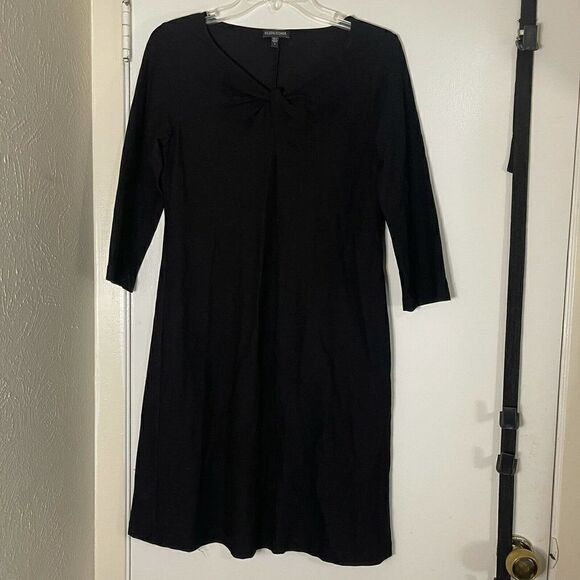 EILEEN FISHER TWIST FRONT CREPE DRESS BLACK 3/4 SLEEVE SIZE SMALL